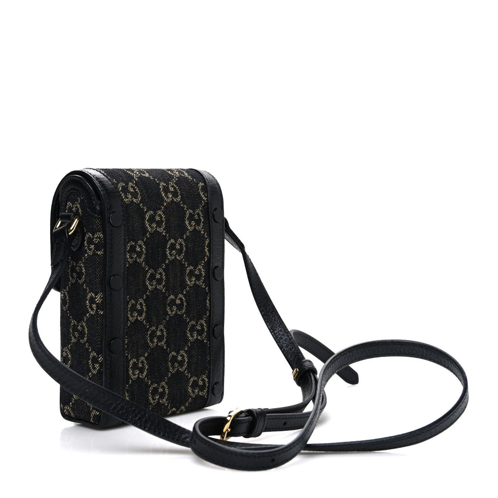 Gucci Jacquard Black Denim GG Monogram Textured Dollar Calfskin Mini Horsebit 1955 Crossbody Bag Black Ivory