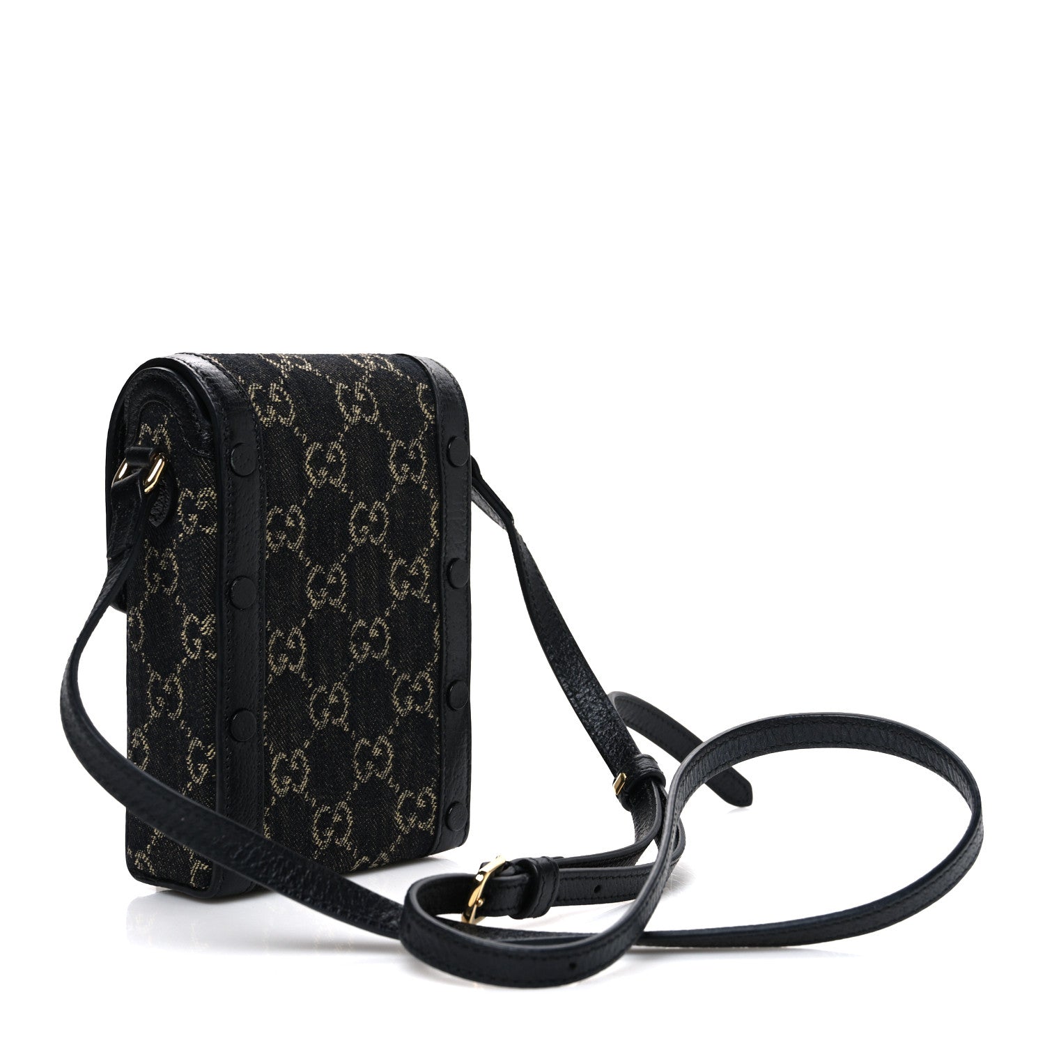 Gucci Jacquard Black Denim GG Monogram Textured Dollar Calfskin Mini Horsebit 1955 Crossbody Bag Black Ivory