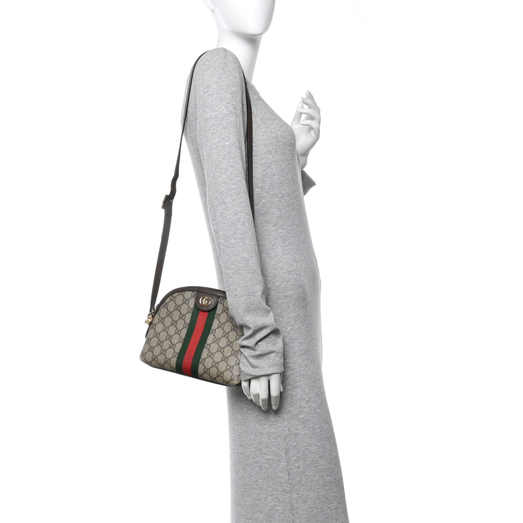 Gucci GG Supreme Monogram Textured Dollar Calfskin Web Small Ophidia Dome Shoulder Bag Beige Ebony New Acero