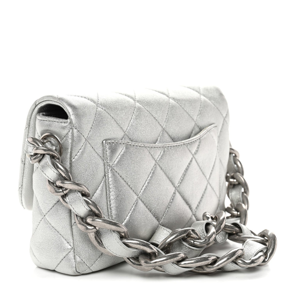 Chanel Metallic Lambskin Lacquered Quilted Small Flap Silver