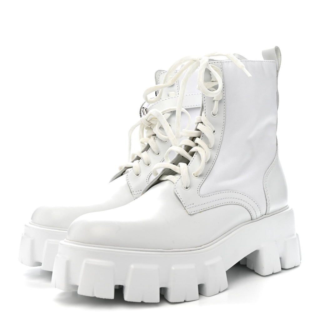 Prada Spazzolato Rois Re-Nylon Metal Triangle Logo Monolith Pouch Pocket 55mm Boots 40.5 White