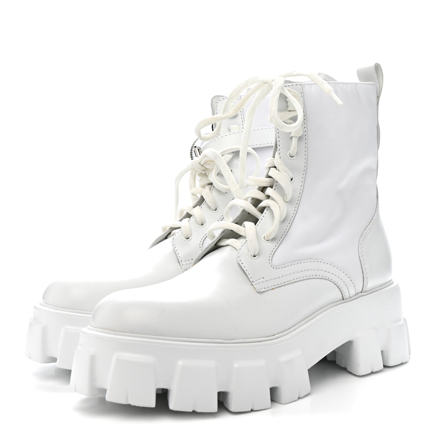 Prada Spazzolato Rois Re-Nylon Metal Triangle Logo Monolith Pouch Pocket 55mm Boots 40.5 White