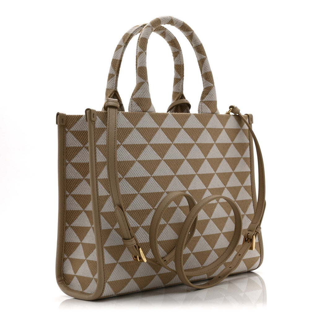Prada Jacquard Saffiano Triangolo Symbole Embroidered Small Tote Corda Talco