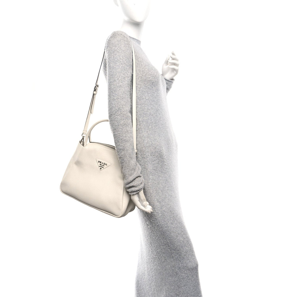 Prada Vitello Daino Soft Medium Zippered Top Handle Bag White