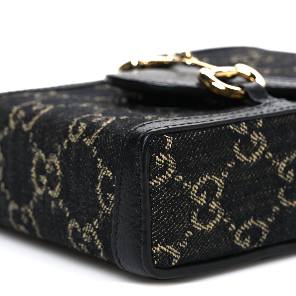 Gucci Jacquard Black Denim GG Monogram Textured Dollar Calfskin Mini Horsebit 1955 Crossbody Bag Black Ivory
