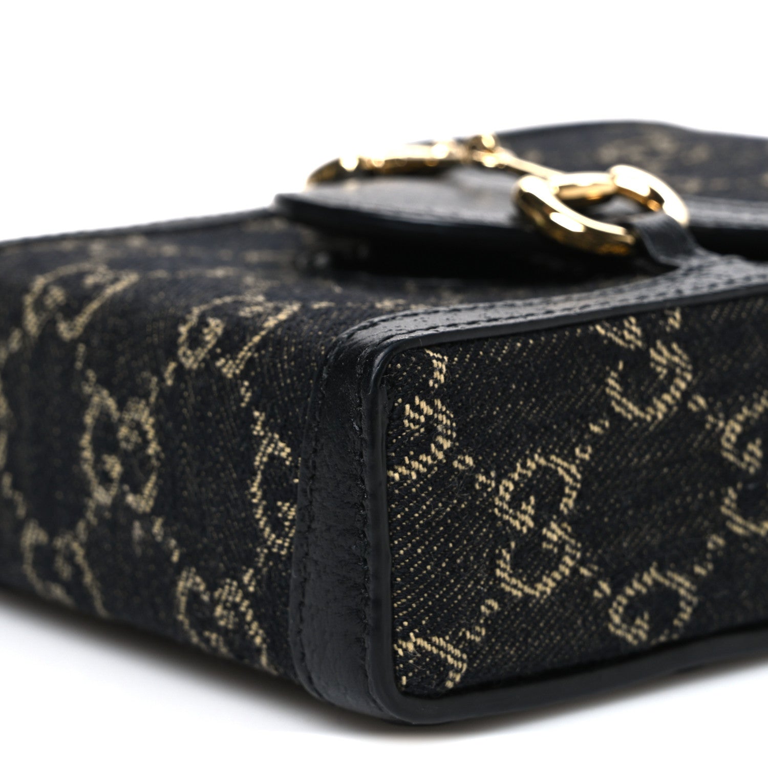 Gucci Jacquard Black Denim GG Monogram Textured Dollar Calfskin Mini Horsebit 1955 Crossbody Bag Black Ivory