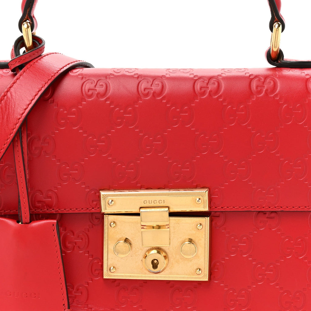 Gucci Guccissima Signature Small Padlock Top Handle Bag Hibiscus Red