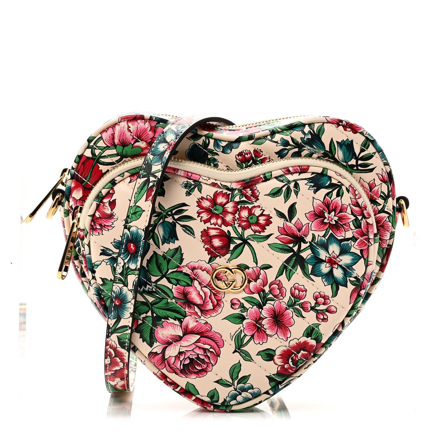 Gucci Calfskin Matelasse Diagonal Brit Roses Print Mini Interlocking G Heart Shoulder Bag  White Multicolor