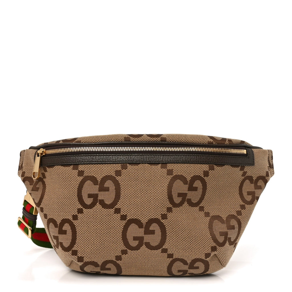 Gucci Monogram Jumbo GG Textured Dollar Calfskin Web Belt Bag Camel Ebony New Acero