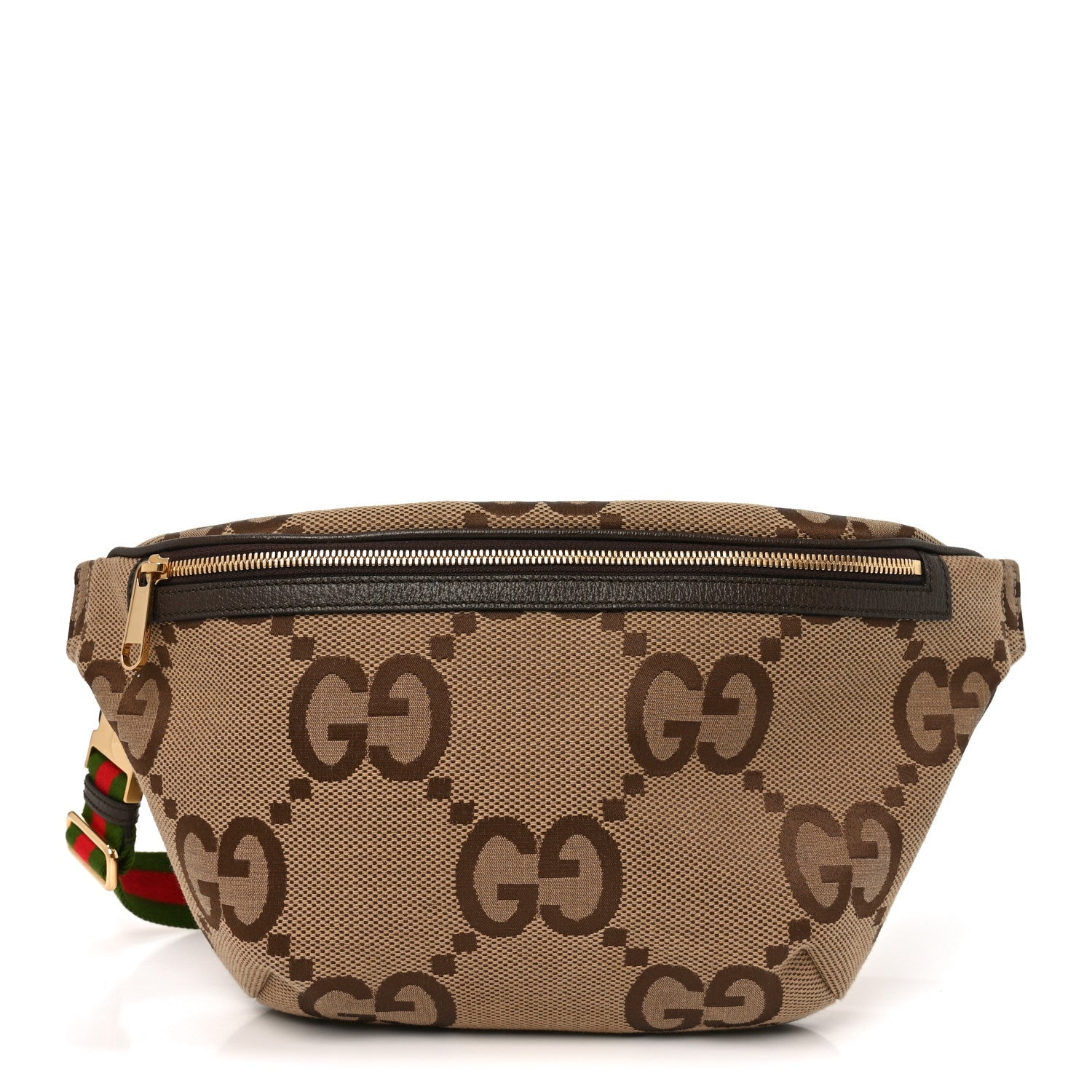 Gucci Monogram Jumbo GG Textured Dollar Calfskin Web Belt Bag Camel Ebony New Acero