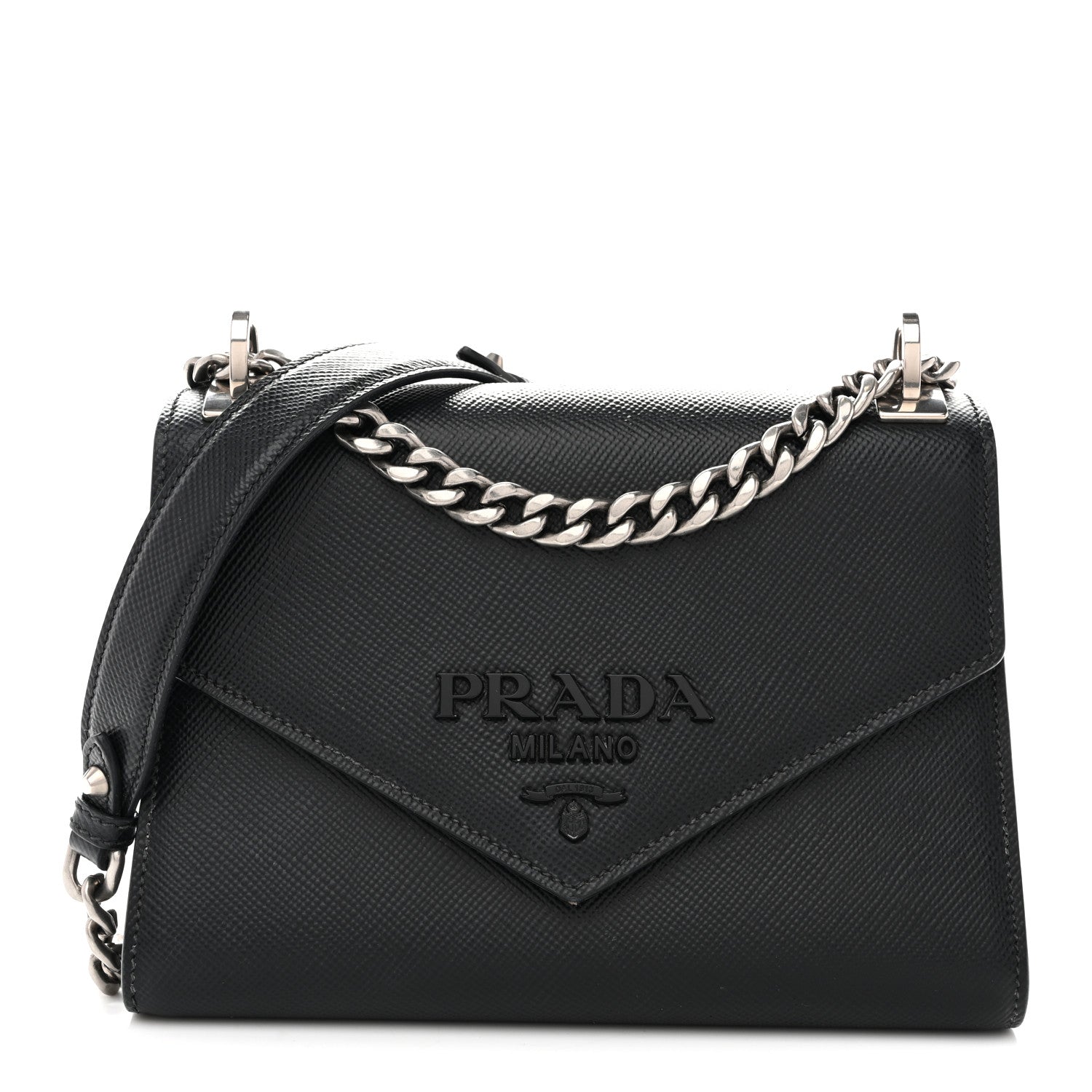 Prada Saffiano Cuir Calfskin Monochrome Envelope Flap Chain Shoulder Bag Black