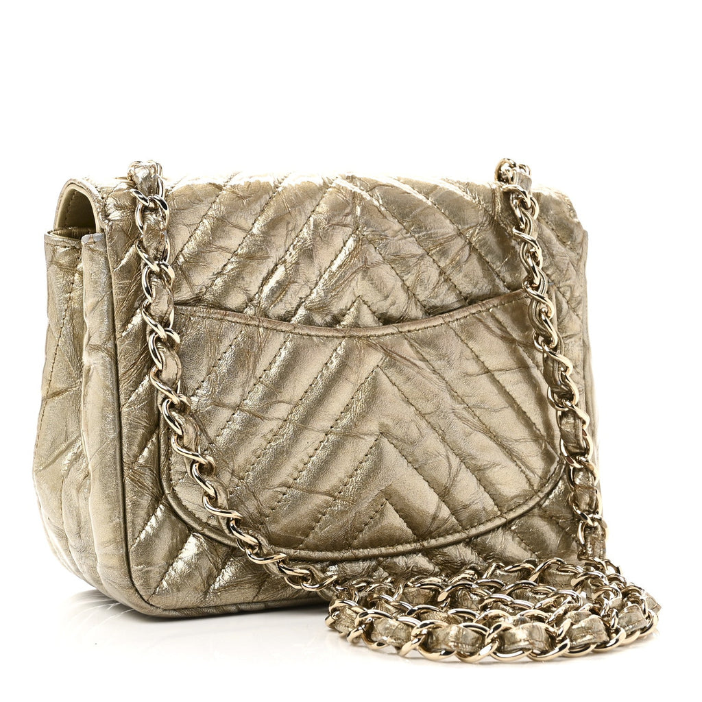 Chanel Patent Metallic Crumpled Calfskin Chevron Quilted Mini Square Flap Gold