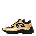 Satin Lambskin Fabric Tweed CC Sneakers 36.5 Gold Black