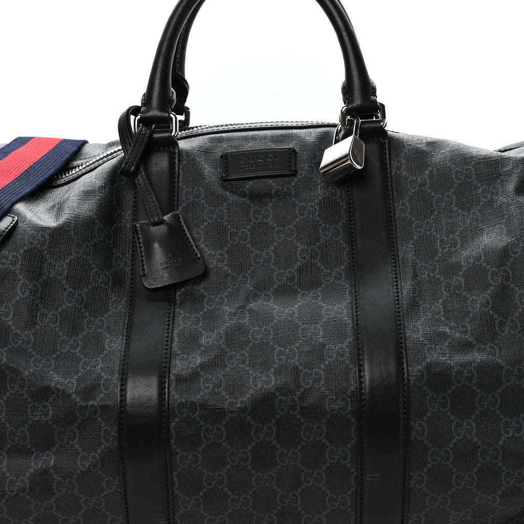 Gucci Soft GG Supreme Monogram Appia Calfskin Web Large Carry On Duffle Bag Black Grey