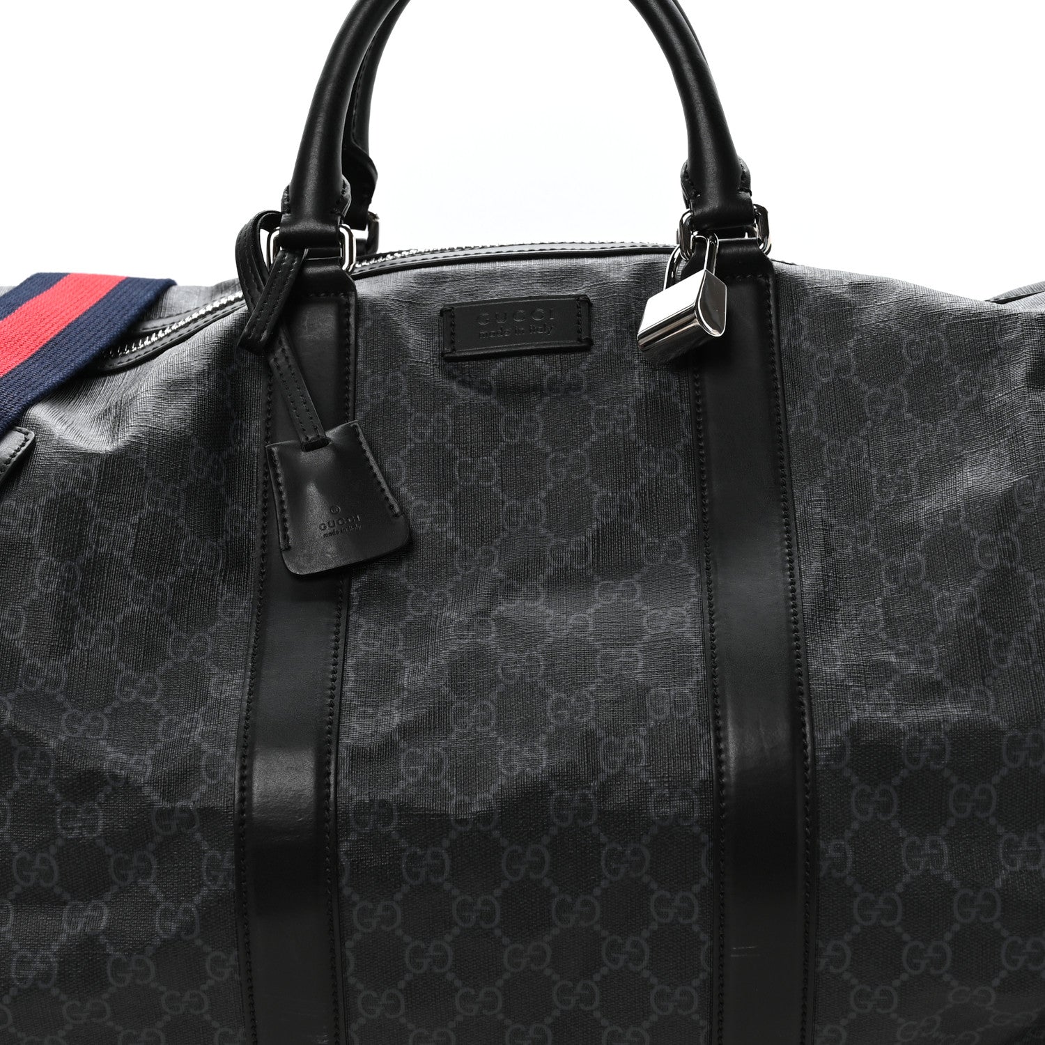 Gucci Soft GG Supreme Monogram Appia Calfskin Web Large Carry On Duffle Bag Black Grey