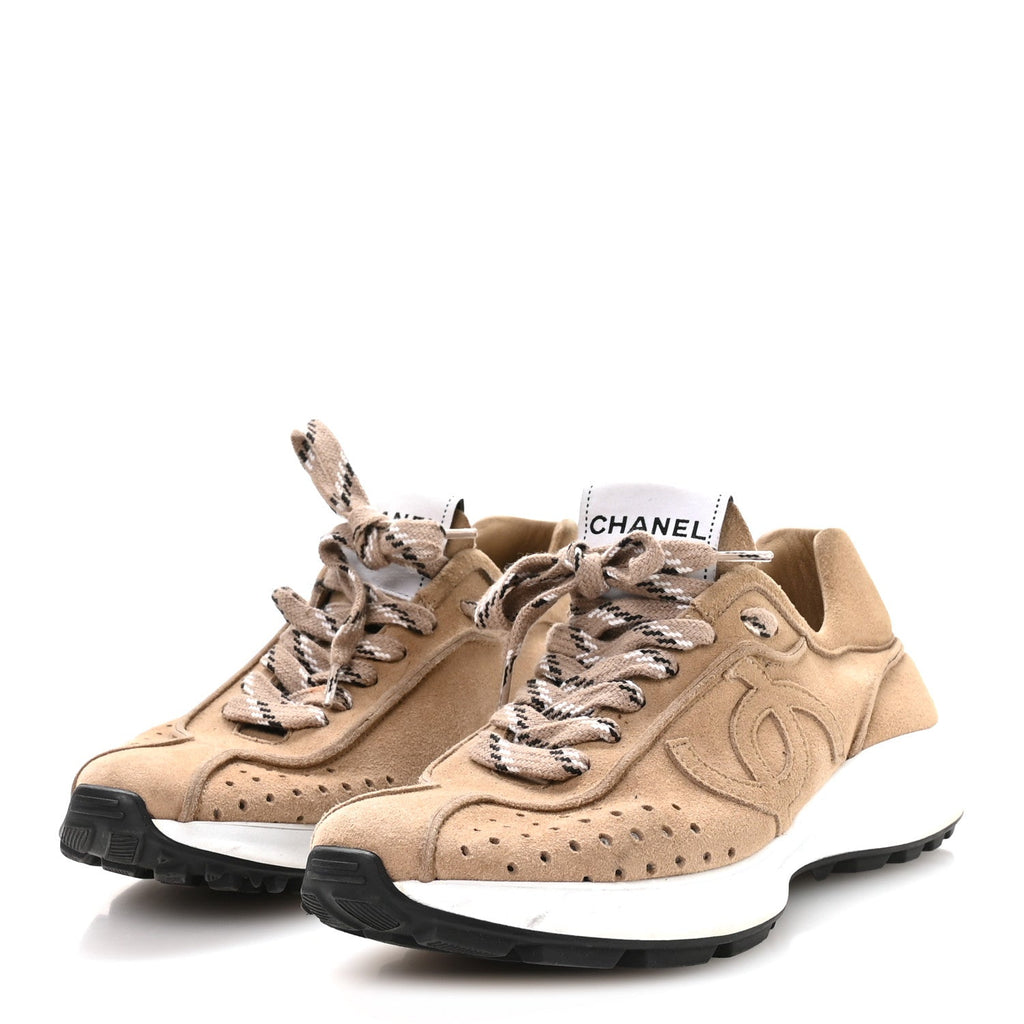 Chanel Suede Goatskin CC Sneakers 36 Dark Beige