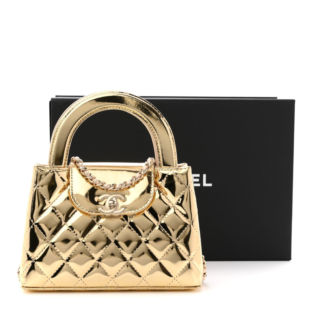 Chanel Mirror Calfskin Metallic Calfskin Quilted Nano Kelly Shopper Gold