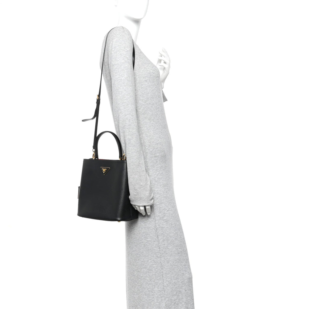 Prada Saffiano Cuir Medium Panier Bucket Bag Black Fuoco