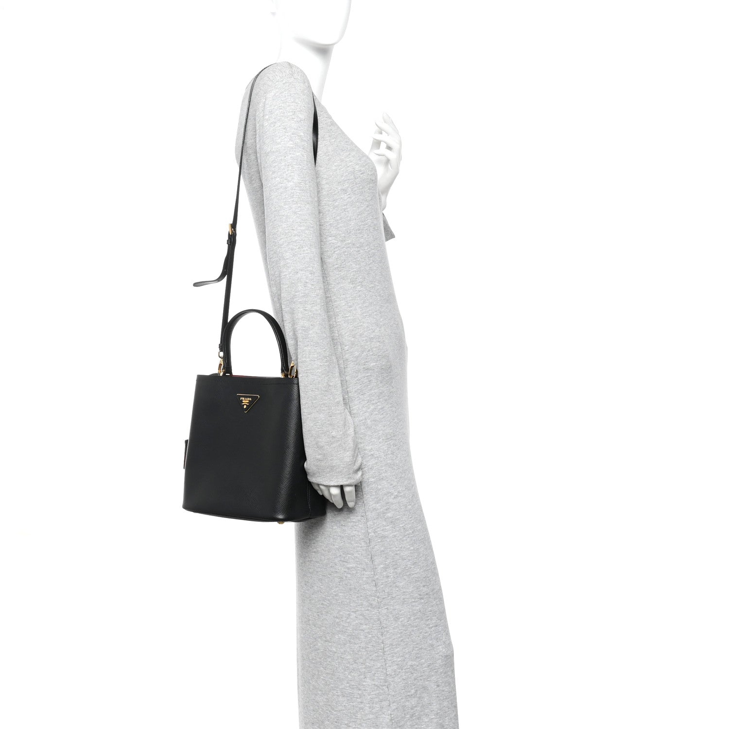 Prada Saffiano Cuir Medium Panier Bucket Bag Black Fuoco