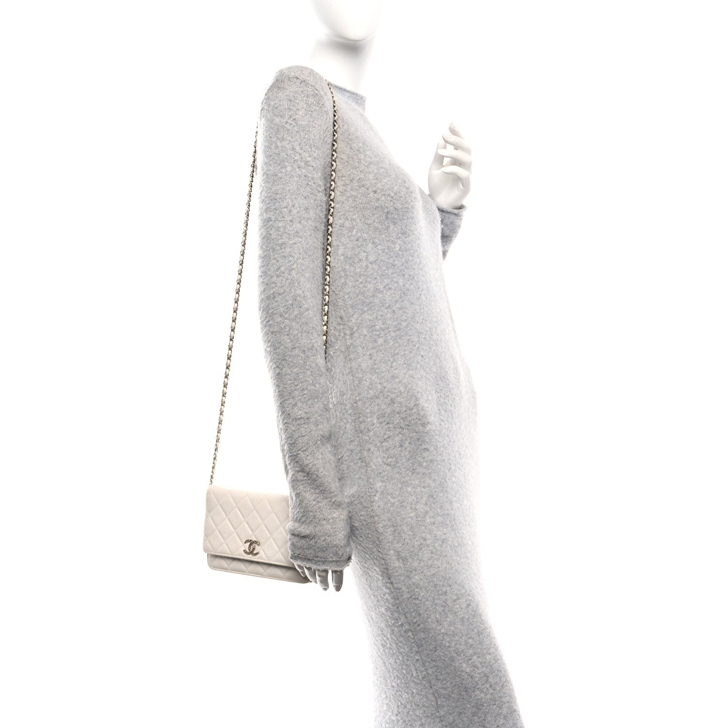 Chanel Caviar Quilted Perforated Metal CC Wallet On Chain WOC White