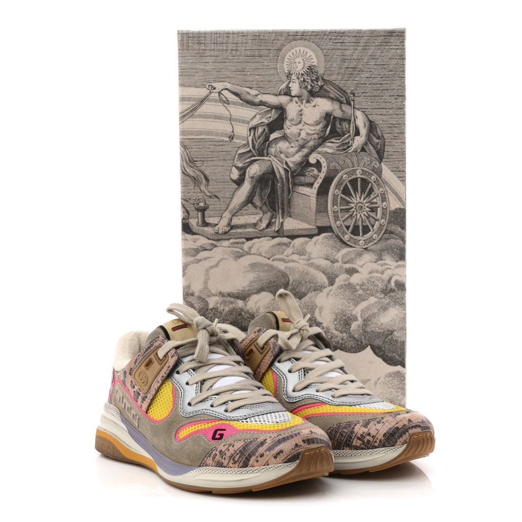 Gucci Suede Calfskin Tejus Printed Womens Ultrapace Sneakers 37.5 Pink Silver Oatmeal Yolk