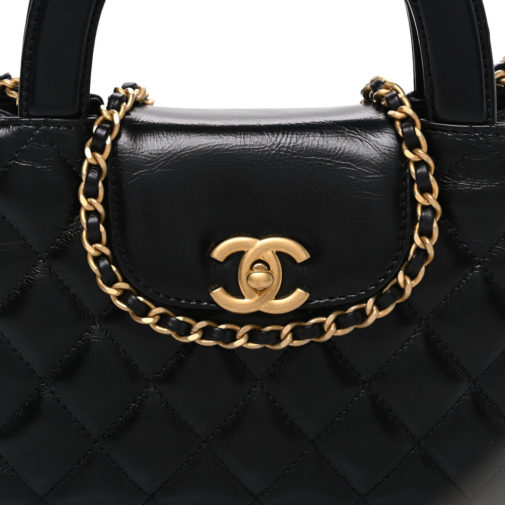 Chanel Shiny Aged Calfskin Quilted Nano Kelly Shopper Black