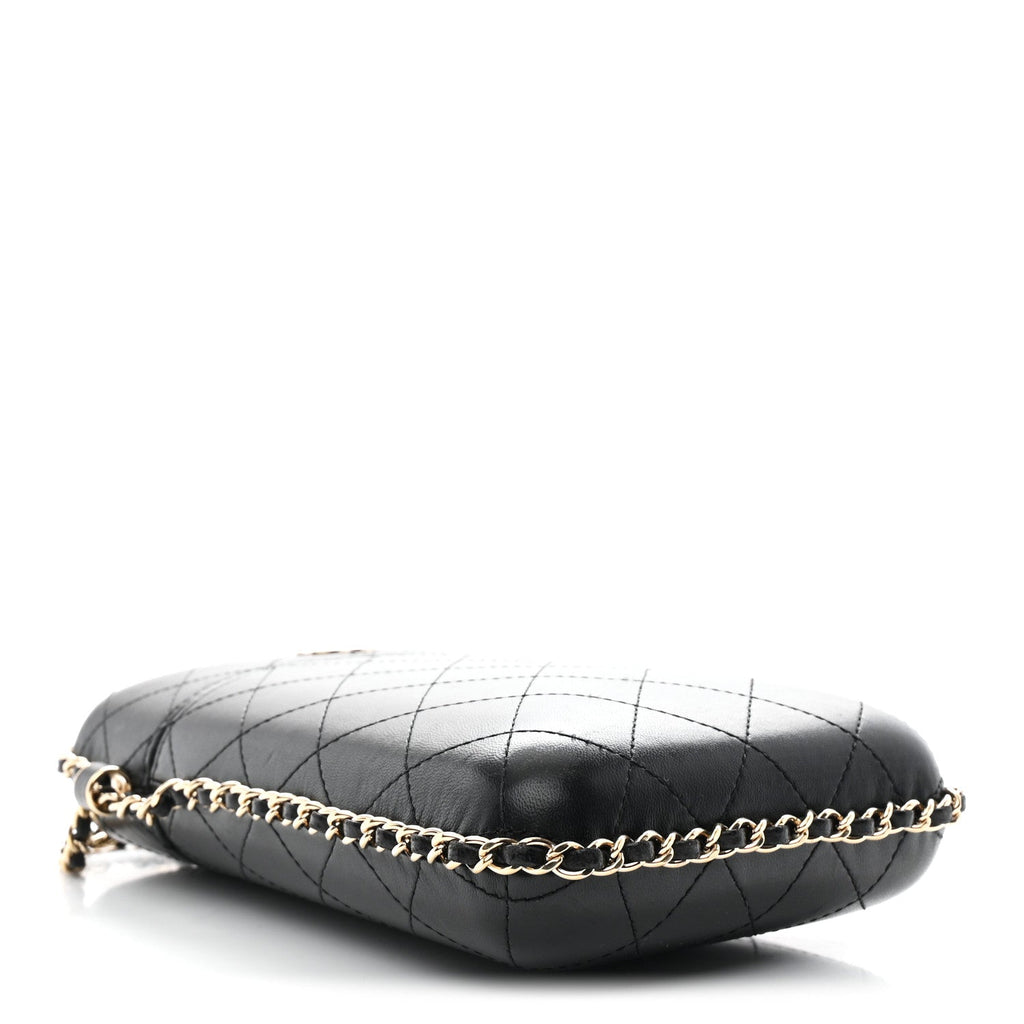 Lambskin Quilted Chain Around Phone Holder Black