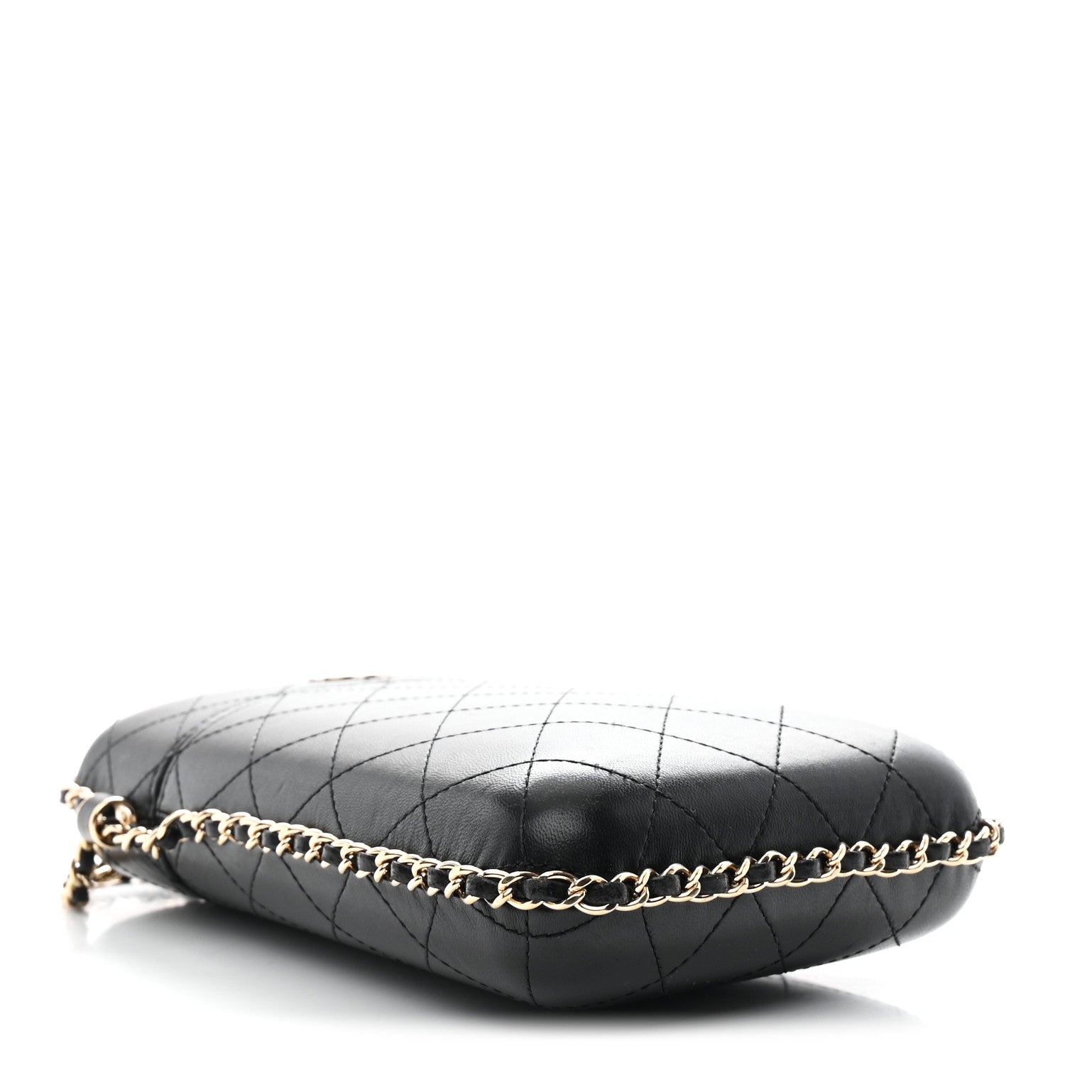 Lambskin Quilted Chain Around Phone Holder Black