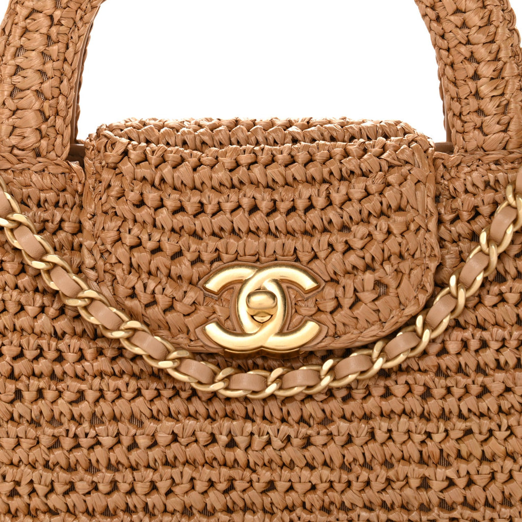 Chanel Braided Raffia Nano Kelly Flap Bag Dark Beige