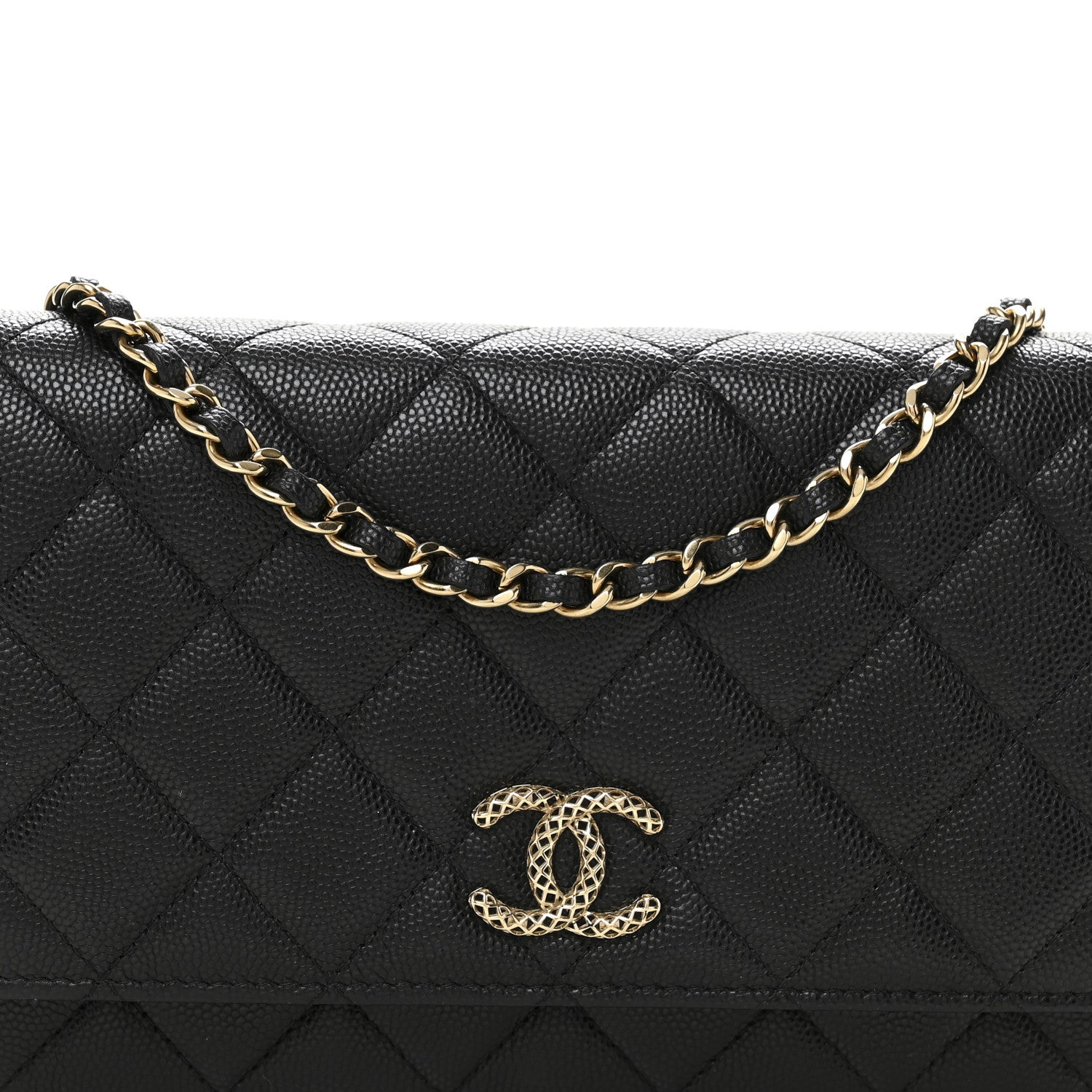 Chanel Caviar Quilted Perforated Metal CC Wallet On Chain WOC Black