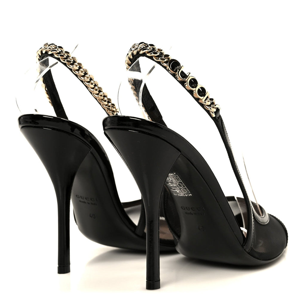 Gucci Tela Retino Patent Signoria 105mm Slingback Pumps 40 Black
