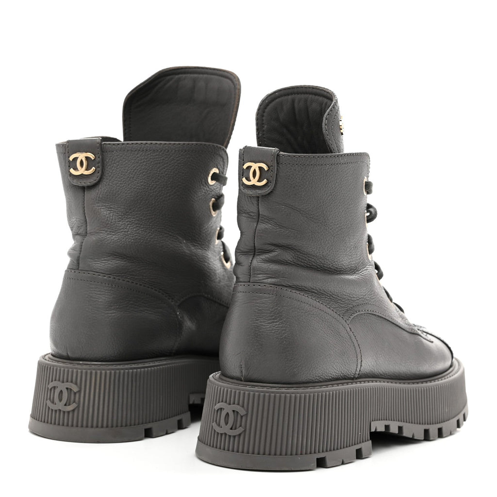 Calfskin CC Lace Up Combat Boots 39 Gray
