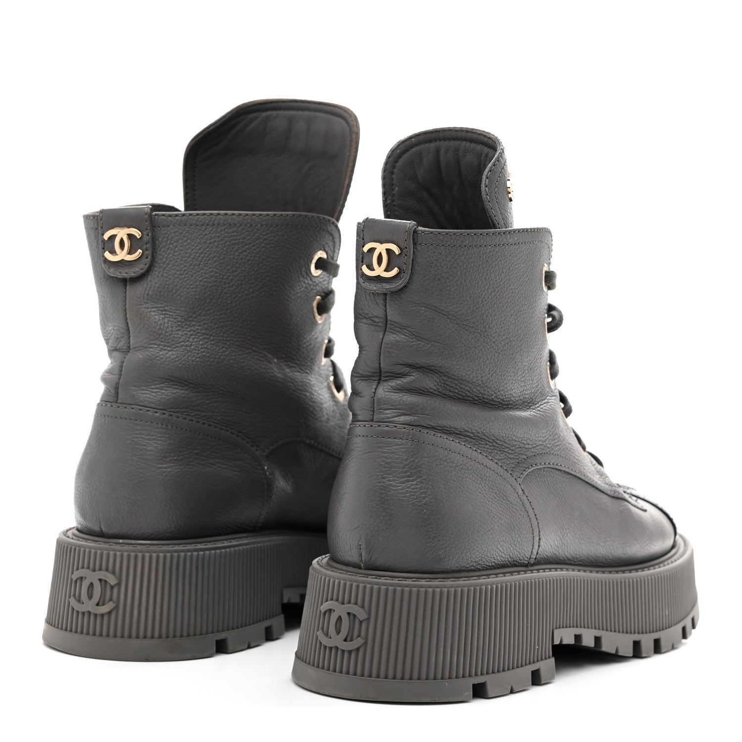 Calfskin CC Lace Up Combat Boots 39 Gray