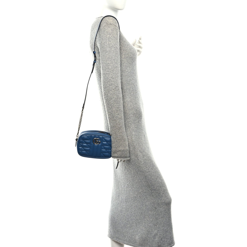 Gucci Calfskin Matelasse Aria Mini GG Marmont Chain Shoulder Bag Clear Blue
