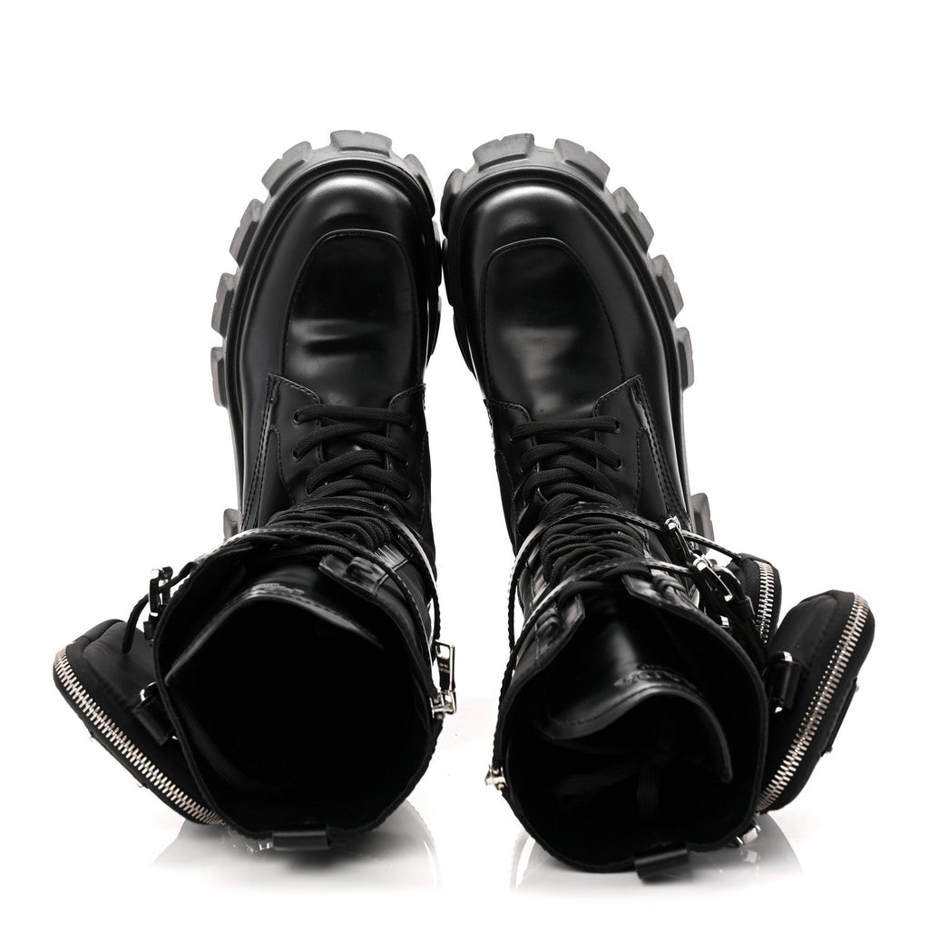 Prada Spazzolato Rois Re-Nylon Metal Triangle Logo Monolith Pouch Pocket 55mm Tall Combat Boots 39 Black