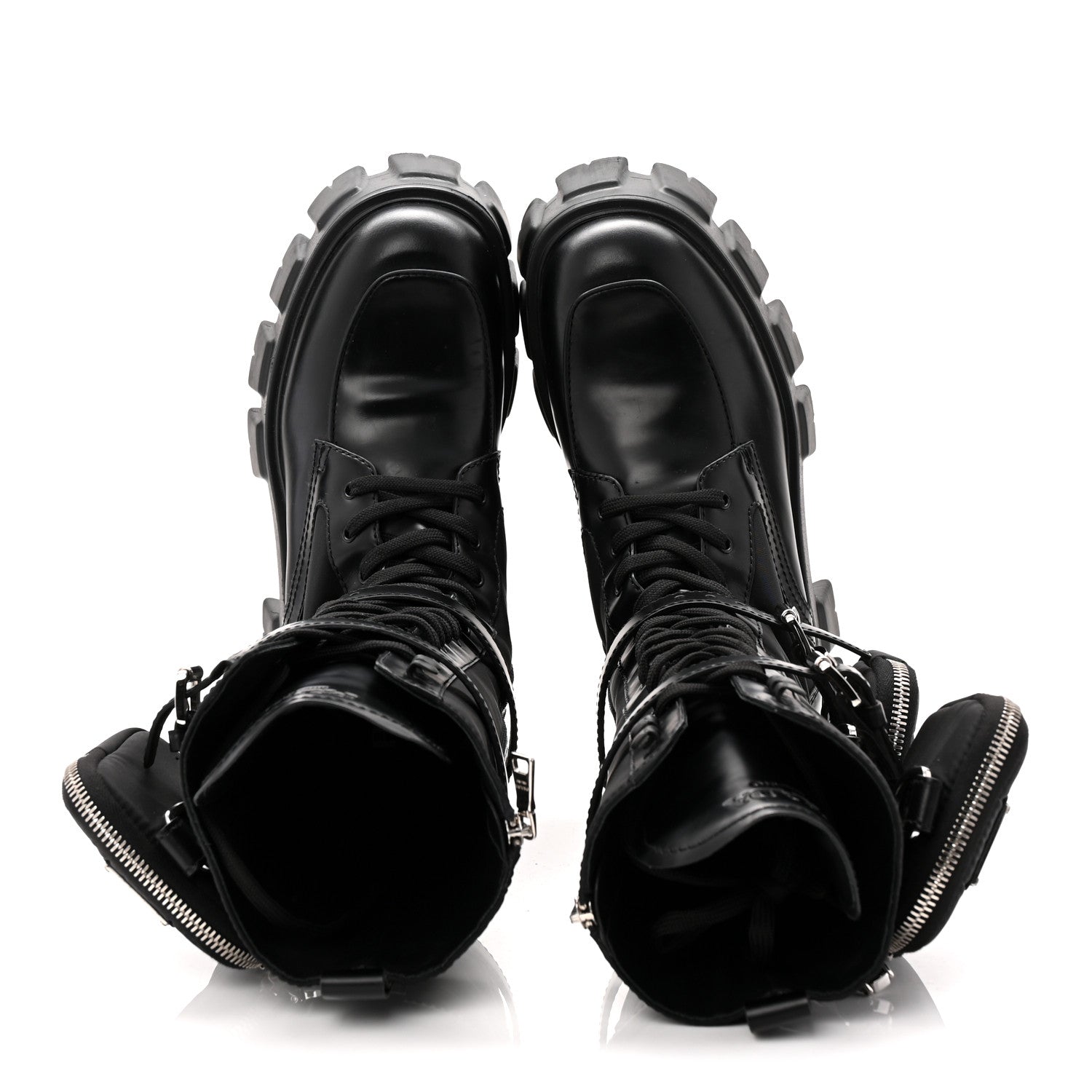 Prada Spazzolato Rois Re-Nylon Metal Triangle Logo Monolith Pouch Pocket 55mm Tall Combat Boots 39 Black