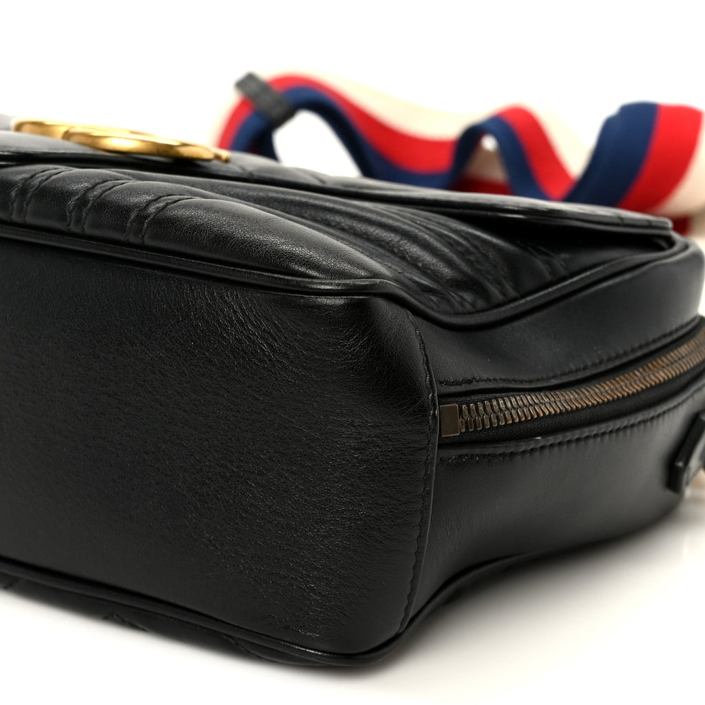 Gucci Calfskin Matelasse Sylvie Web Small GG Marmont Top Handle Shoulder Bag Black