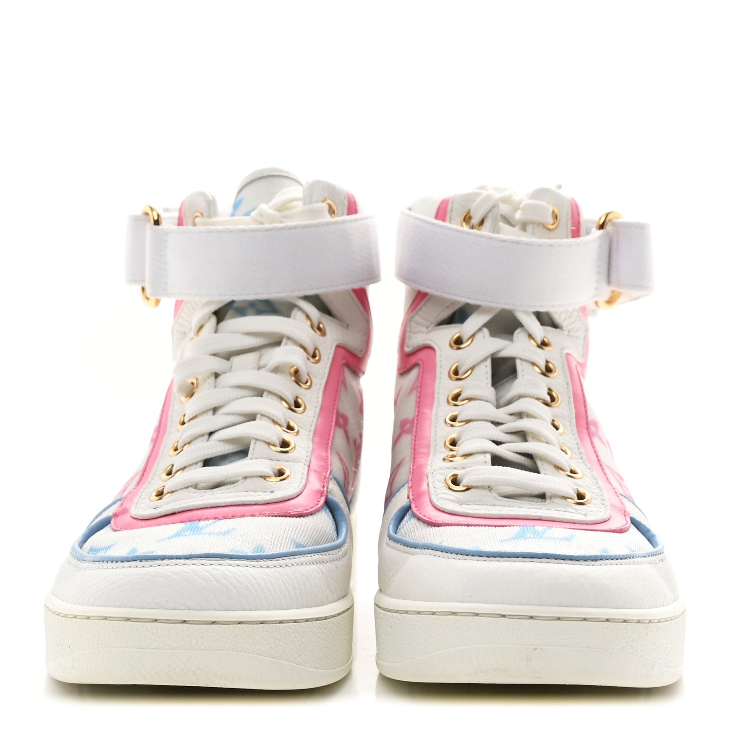 Louis Vuitton Calfskin Nylon Mesh Monogram Womens Boombox High Top Sneakers 37 Bleu Rose