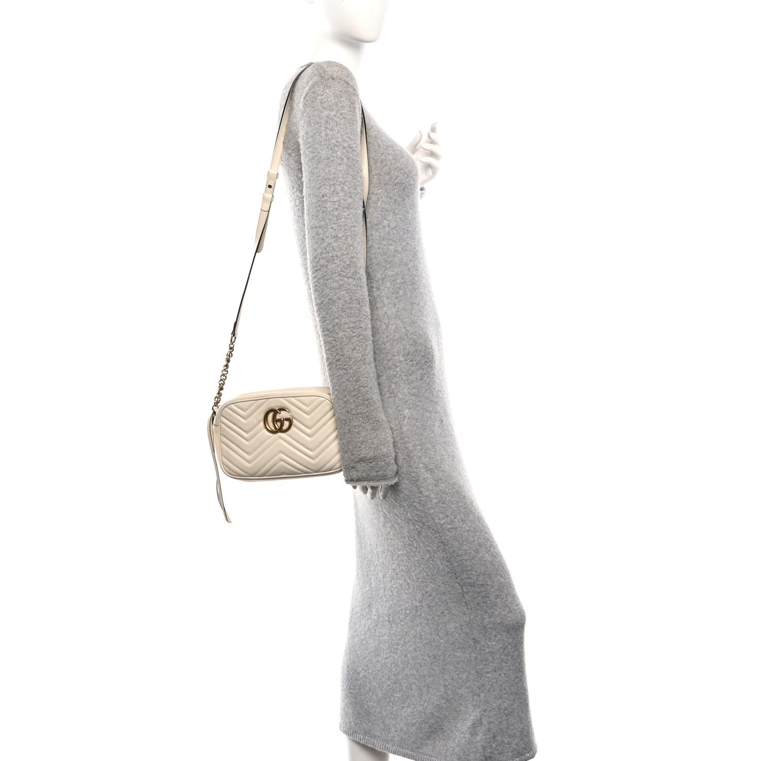 Gucci Calfskin Matelasse Small GG Marmont Chain Shoulder Bag White