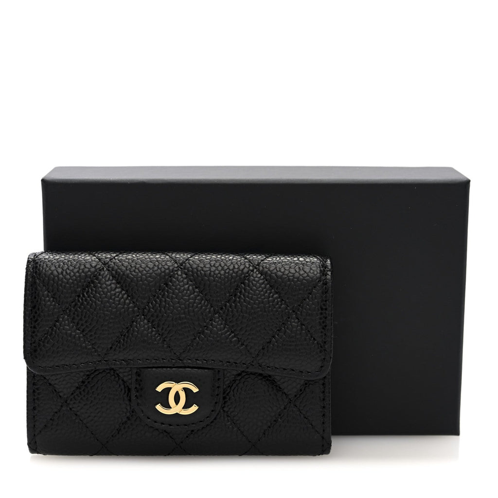 Caviar Quilted Flap Card Holder Wallet Black