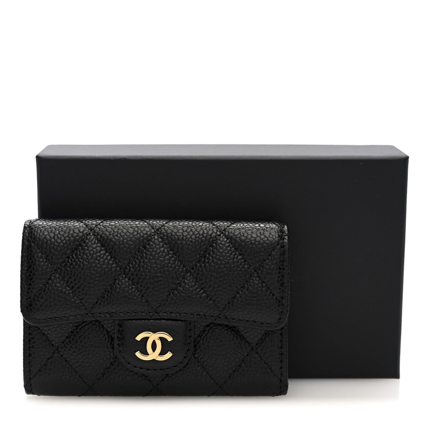 Caviar Quilted Flap Card Holder Wallet Black