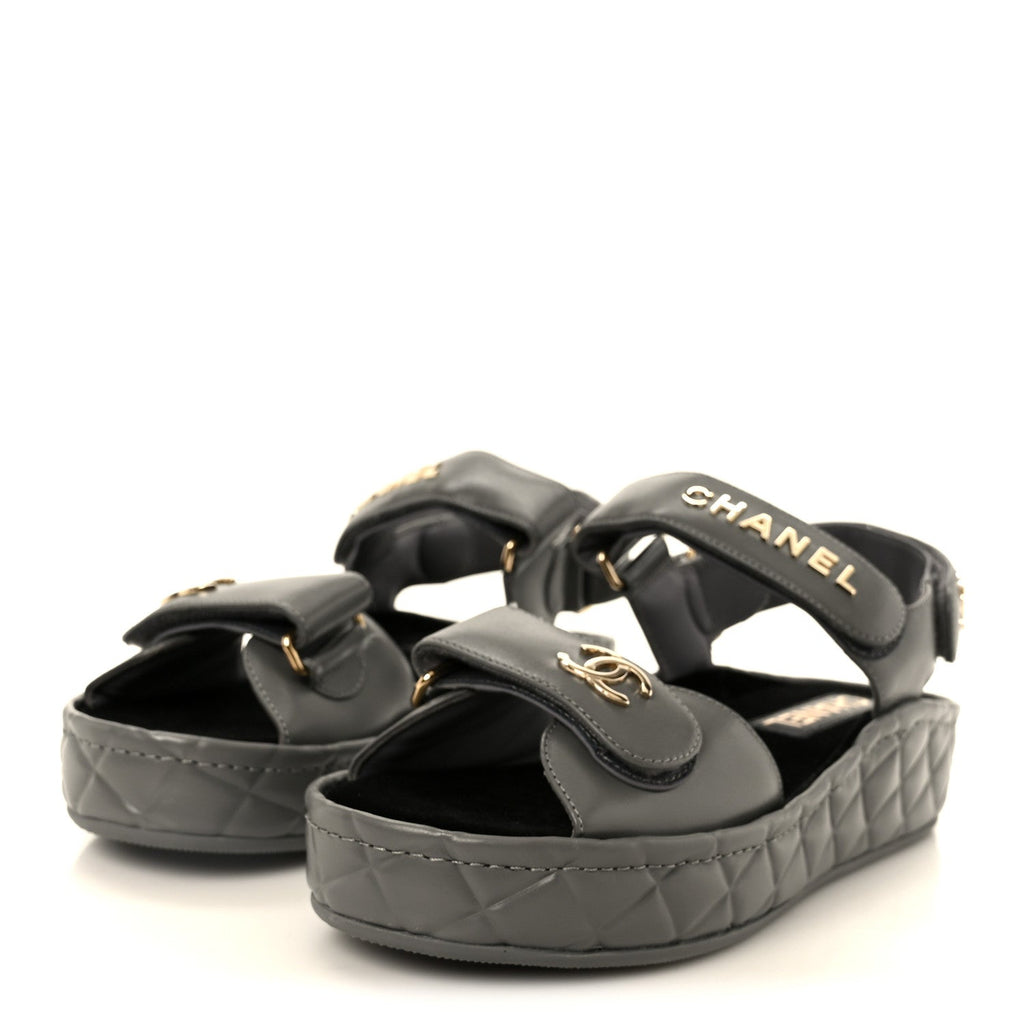 Chanel Shiny Calfskin Logo Platform Sandals 36 Grey