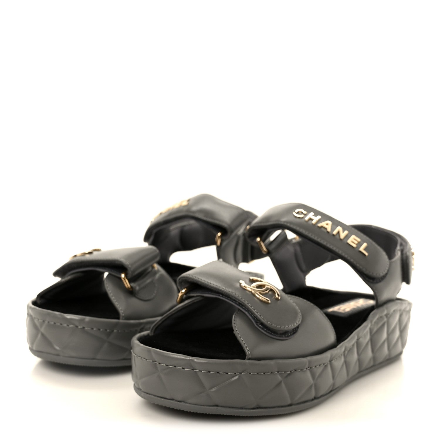 Chanel Shiny Calfskin Logo Platform Sandals 36 Grey