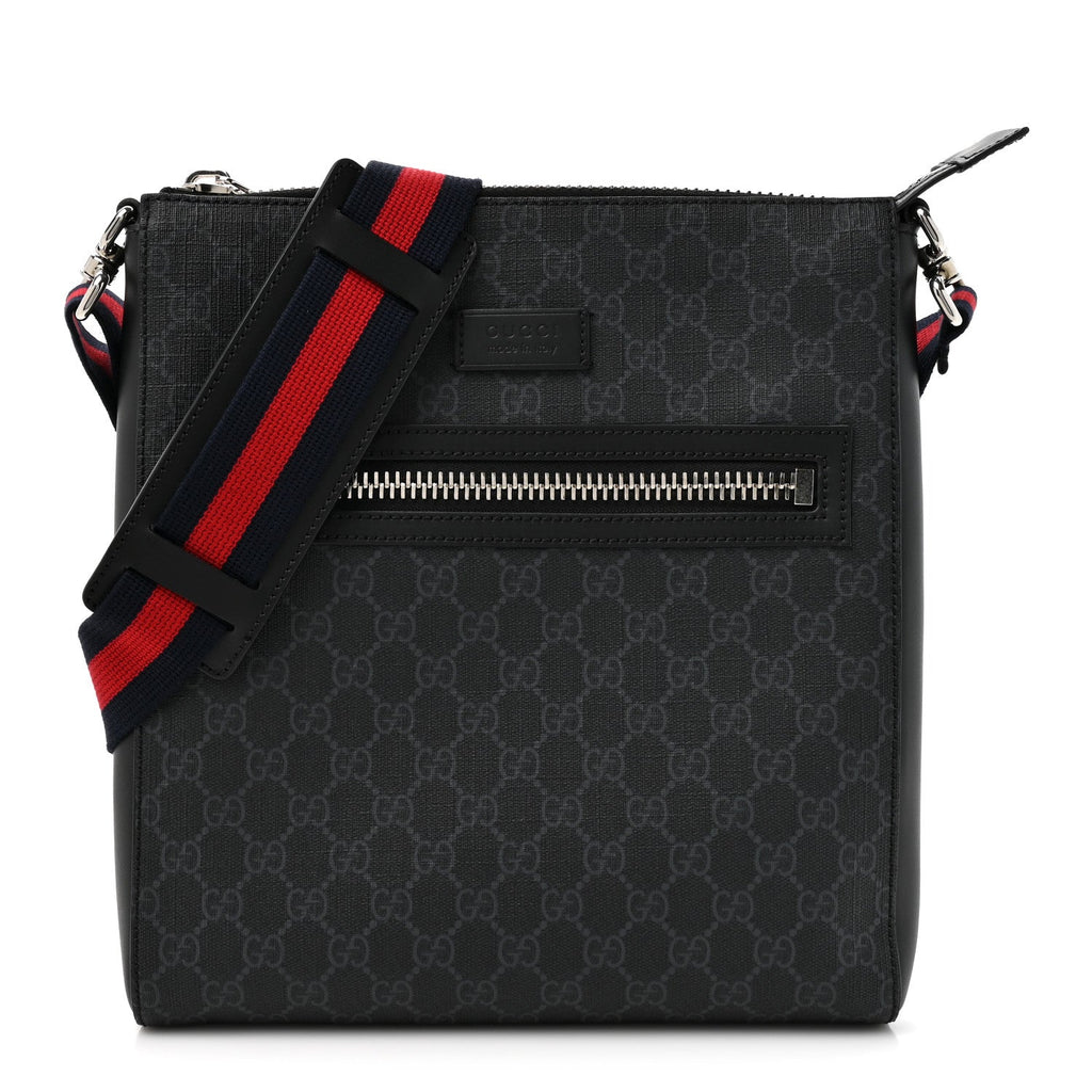 Gucci GG Supreme Monogram Appia Calfskin Web Flat Messenger Bag Black Grey