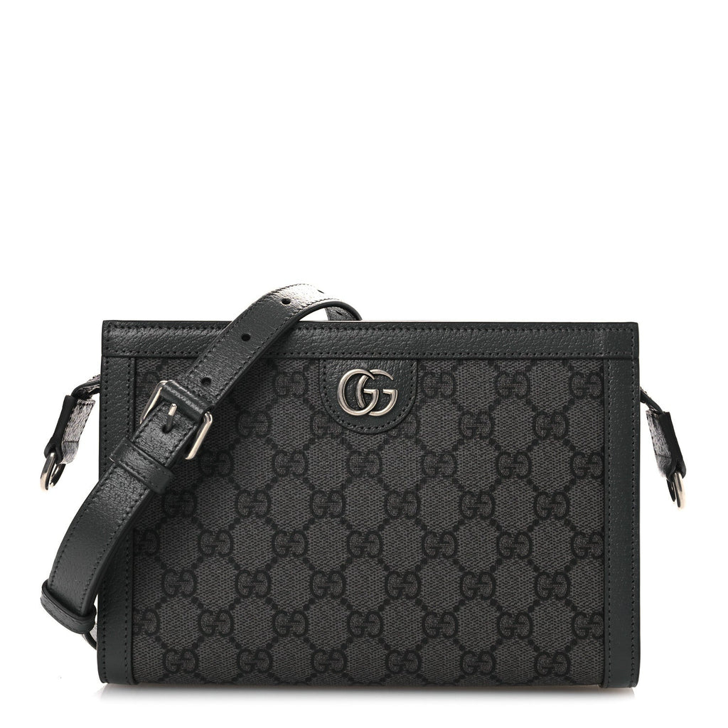 Gucci GG Supreme Monogram Textured Dollar Calfskin Web Small Ophidia Shoulder Bag Grey Black Graphite Grey