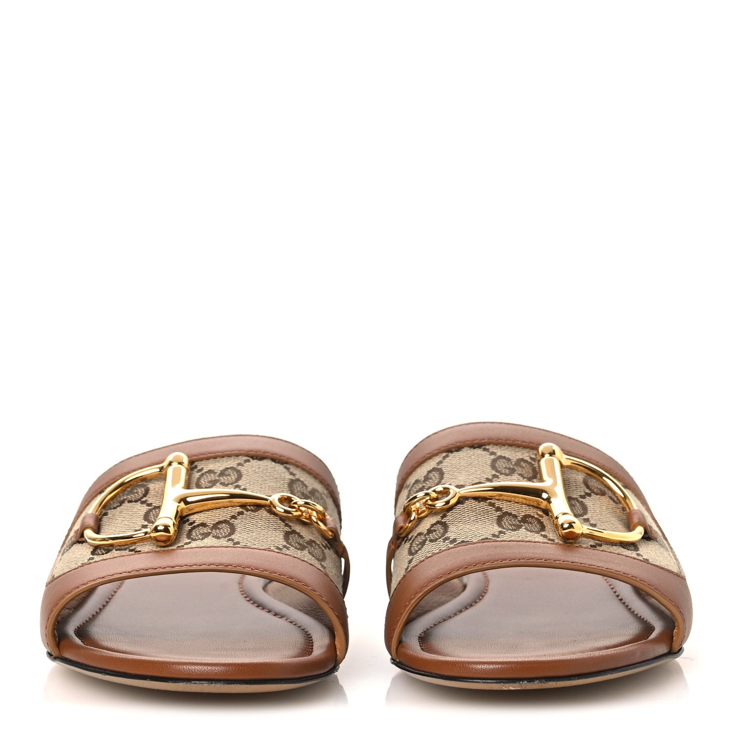 Gucci Calfskin Monogram Horsebit Womens Slide Sandals 37 Beige Ebony Sundial