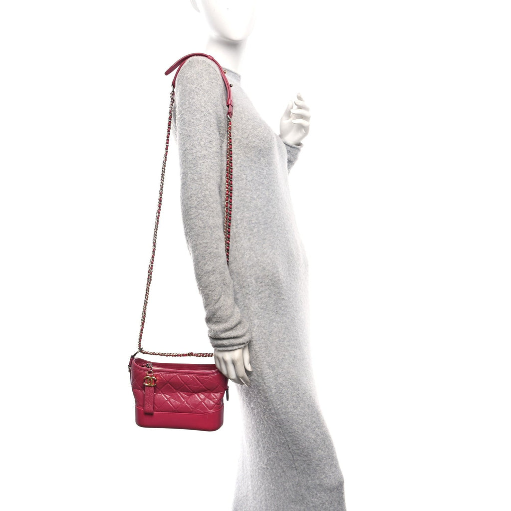 Chanel Aged Calfskin Quilted Small Gabrielle Hobo Fuchsia