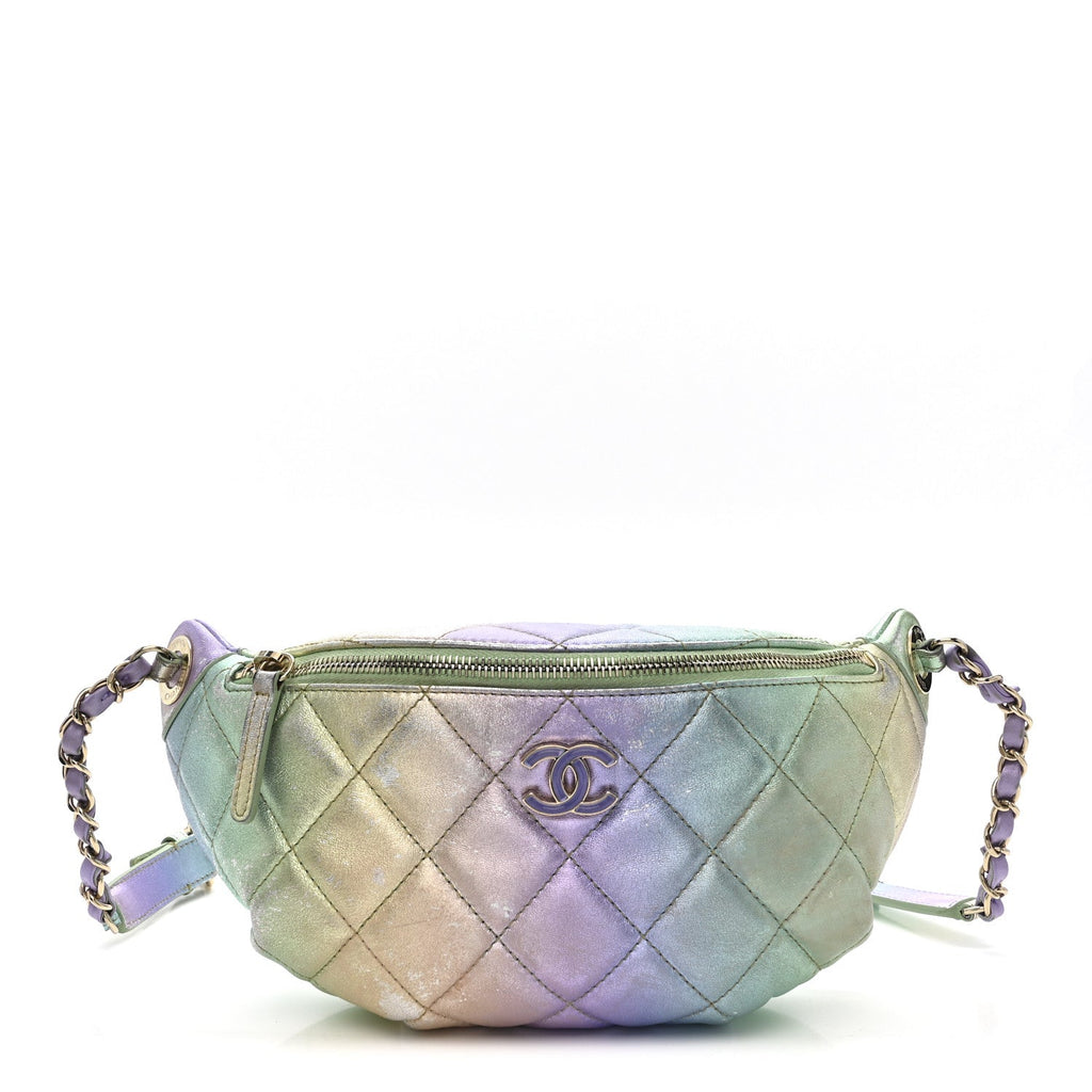 Chanel Gradient Metallic Lambskin Quilted Walking Mood Waist Bag Fanny Pack Pink Purple Green