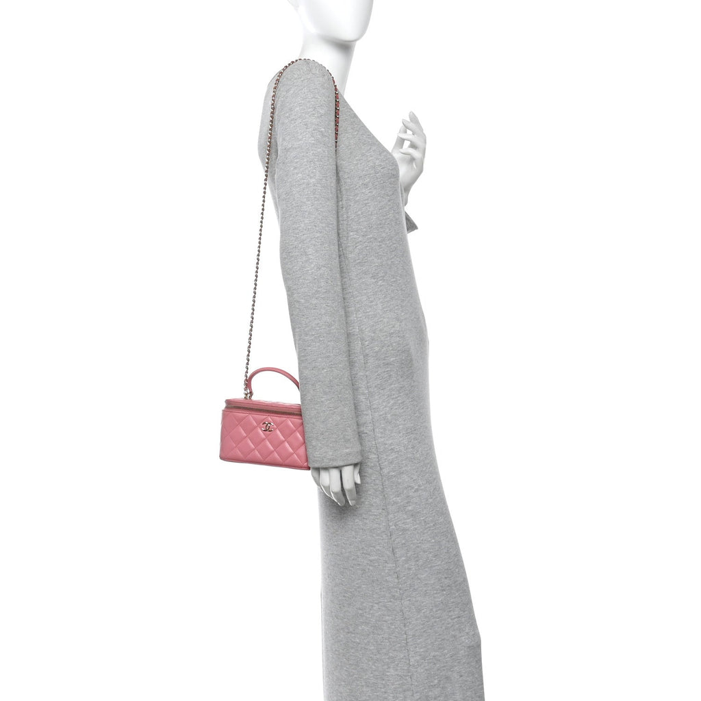 Chanel Lambskin Quilted Small Top Handle Vanity Case With Chain Pink