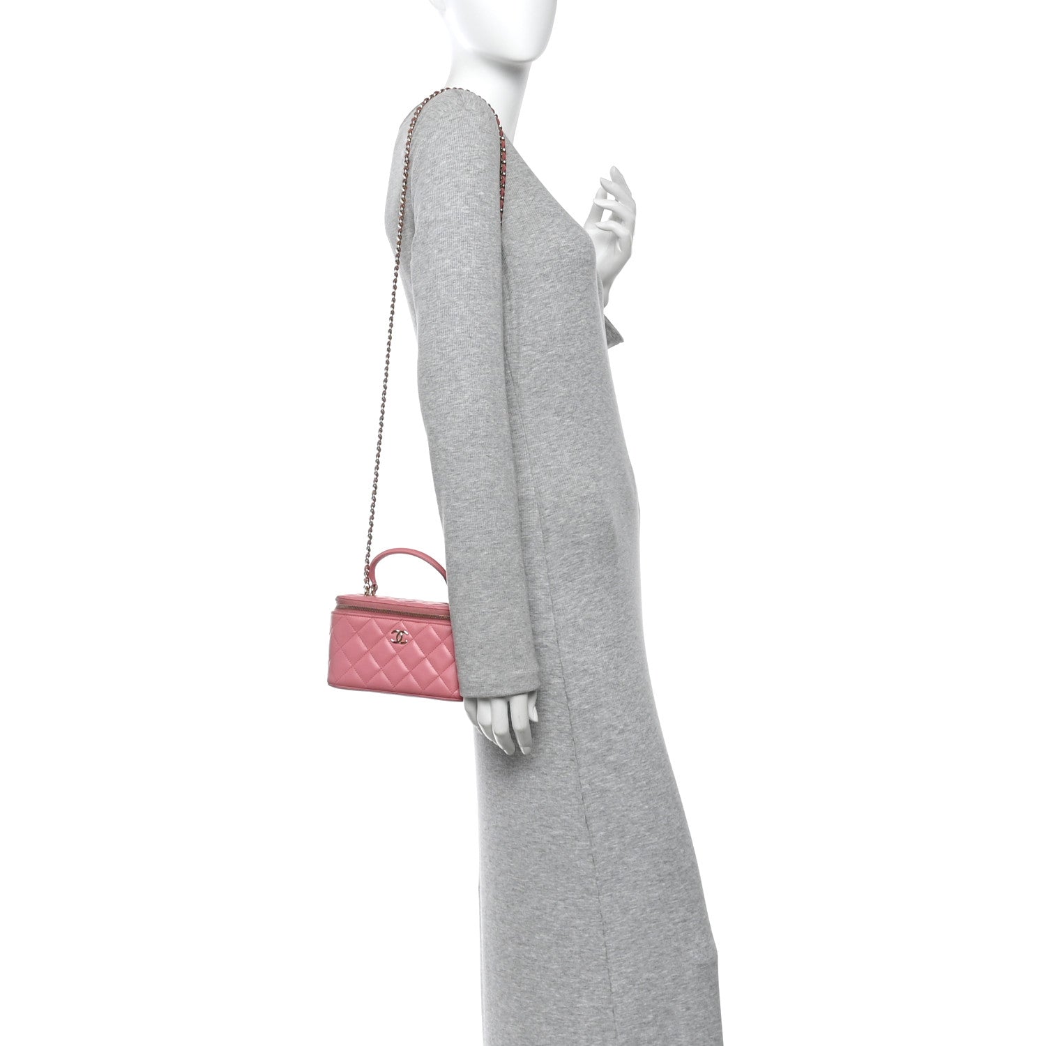 Chanel Lambskin Quilted Small Top Handle Vanity Case With Chain Pink